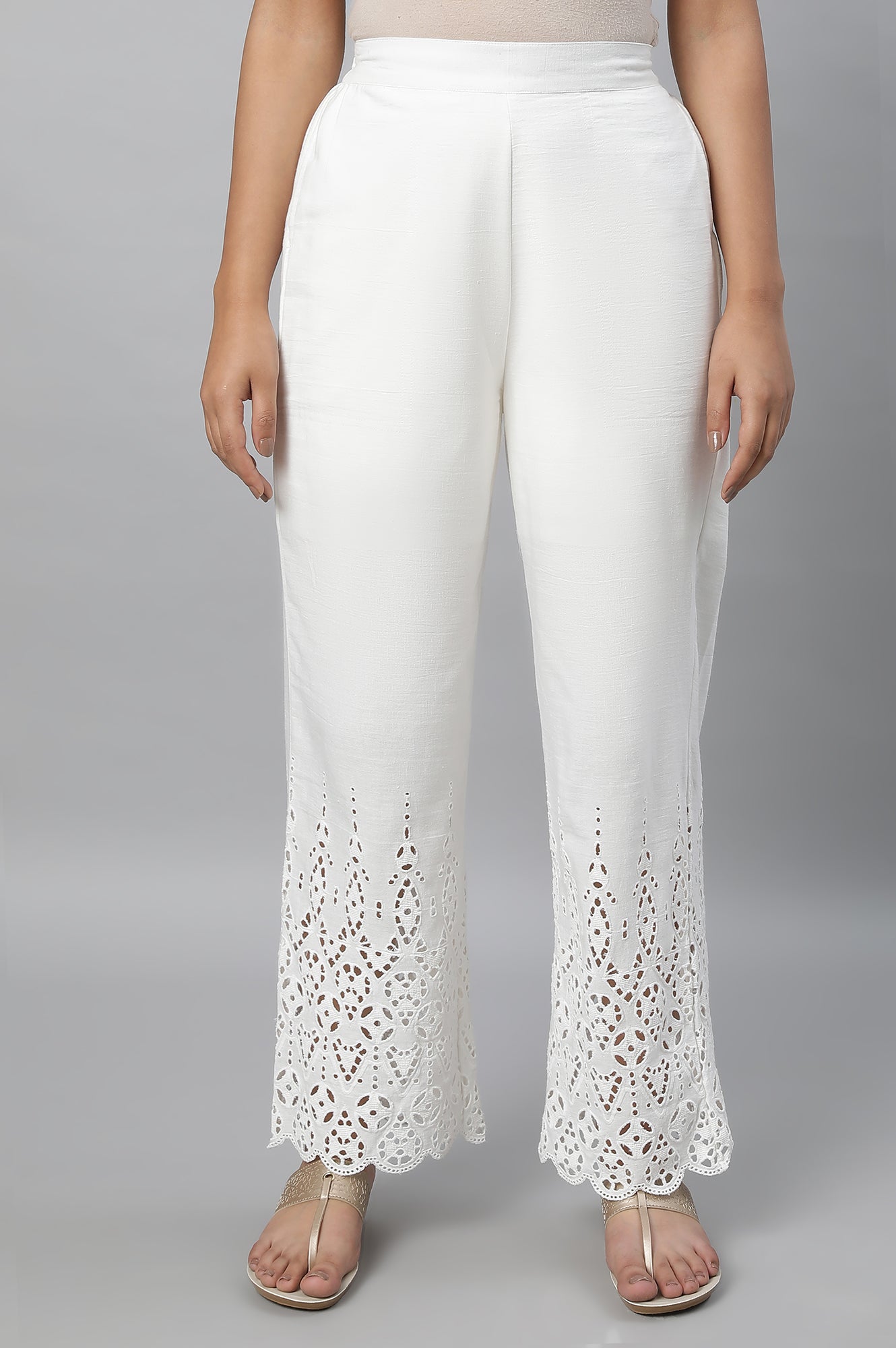 White Rayon Flax Schiffli Palazzo Pants