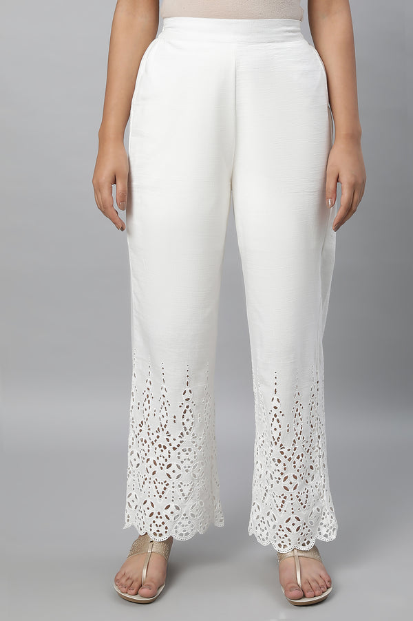 White Embroidered Straight Fit Cotton Palazzo With Side Pockets