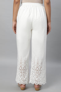 White Embroidered Straight Fit Cotton Palazzo With Side Pockets