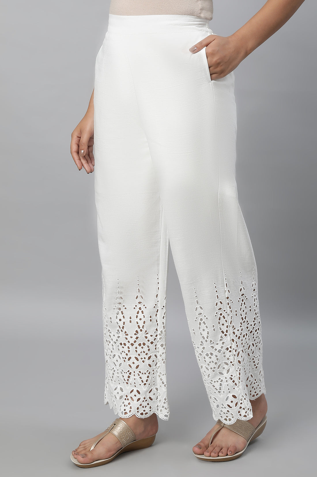 White Embroidered Straight Fit Cotton Palazzo With Side Pockets