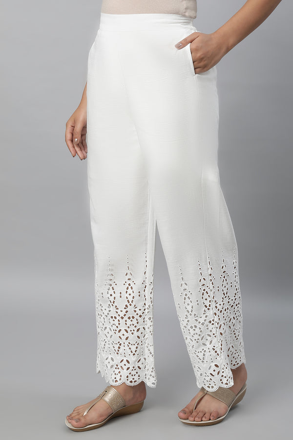 White Embroidered Straight Fit Cotton Palazzo With Side Pockets