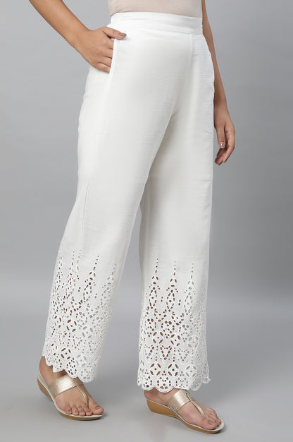 White Rayon Flax Schiffli Palazzo Pants