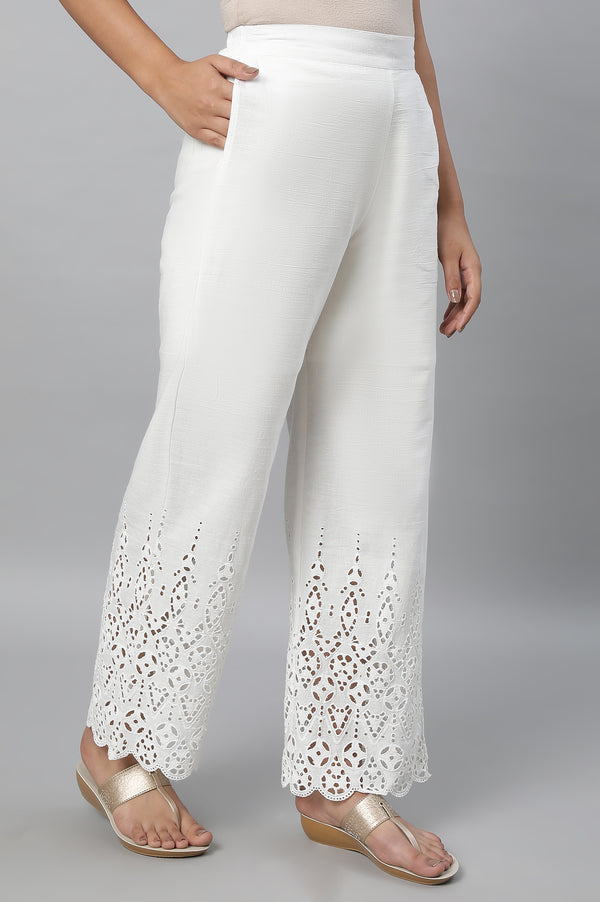 White Embroidered Straight Fit Cotton Palazzo With Side Pockets