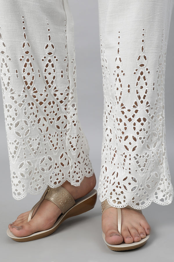 White Embroidered Straight Fit Cotton Palazzo With Side Pockets