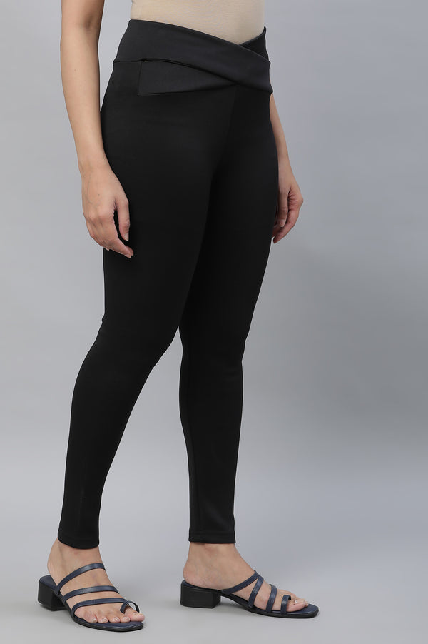 Black Solid Skinny Fit Tights With Criss Cross Waistband