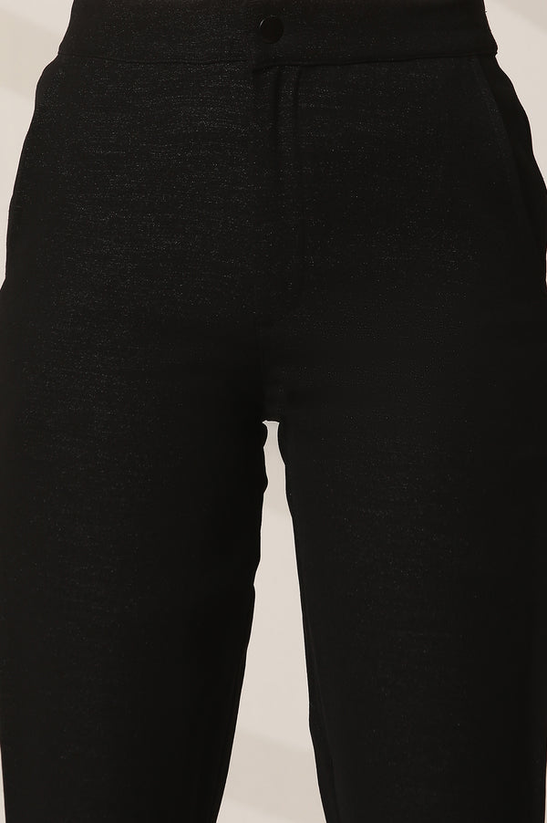 Elleven Women's Black Solid Slim Fit Woven Pants With Elasticated Waist