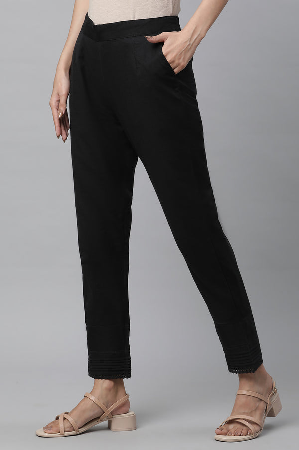 Black Solid Straight Fit Cotton Trousers With Lace Insert