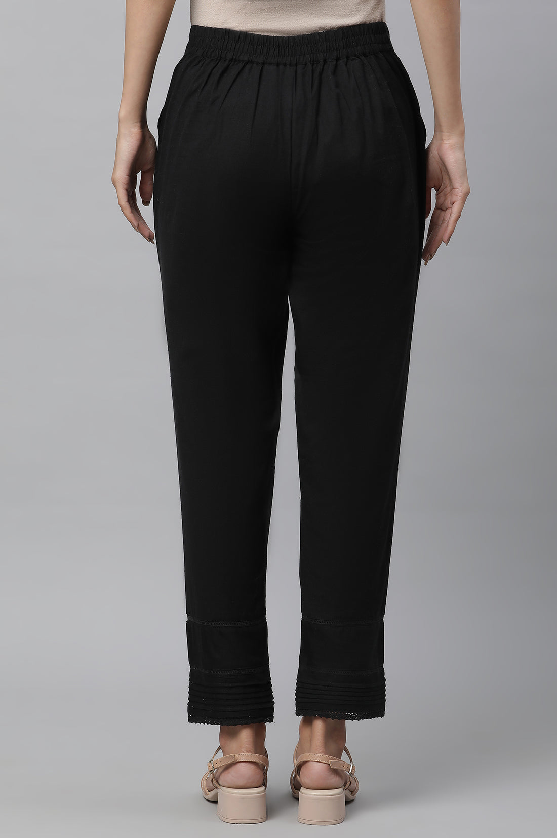 Black Solid Straight Fit Cotton Trousers With Lace Insert