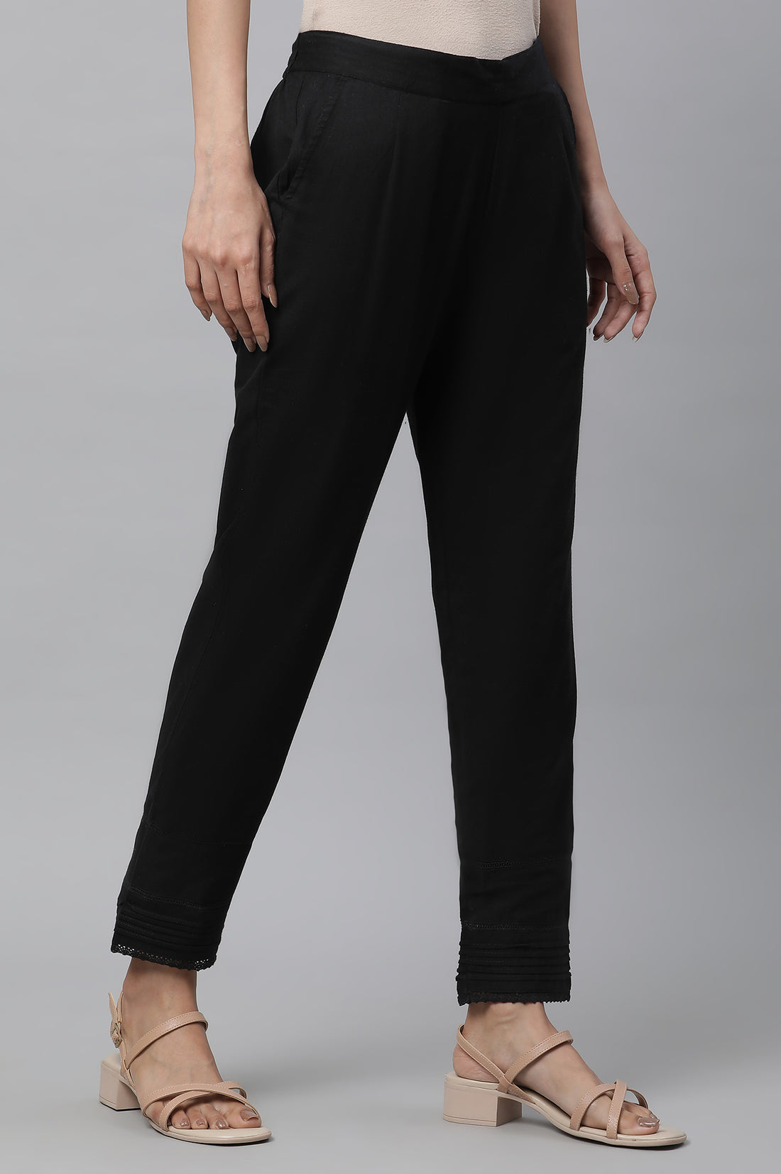 Black Solid Straight Fit Cotton Trousers With Lace Insert