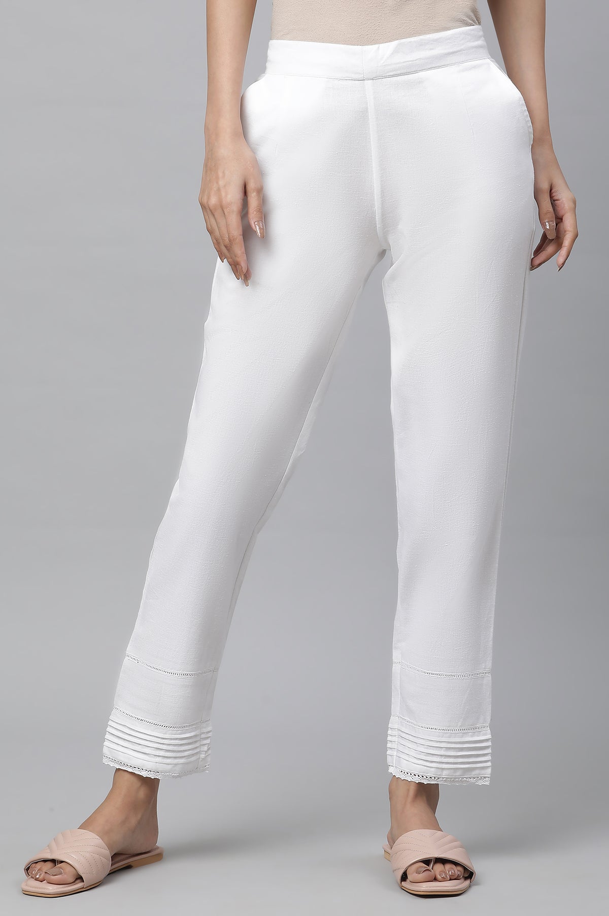Elleven Women's White Solid Straight Fit Cotton Trousers With Lace Inserts - S