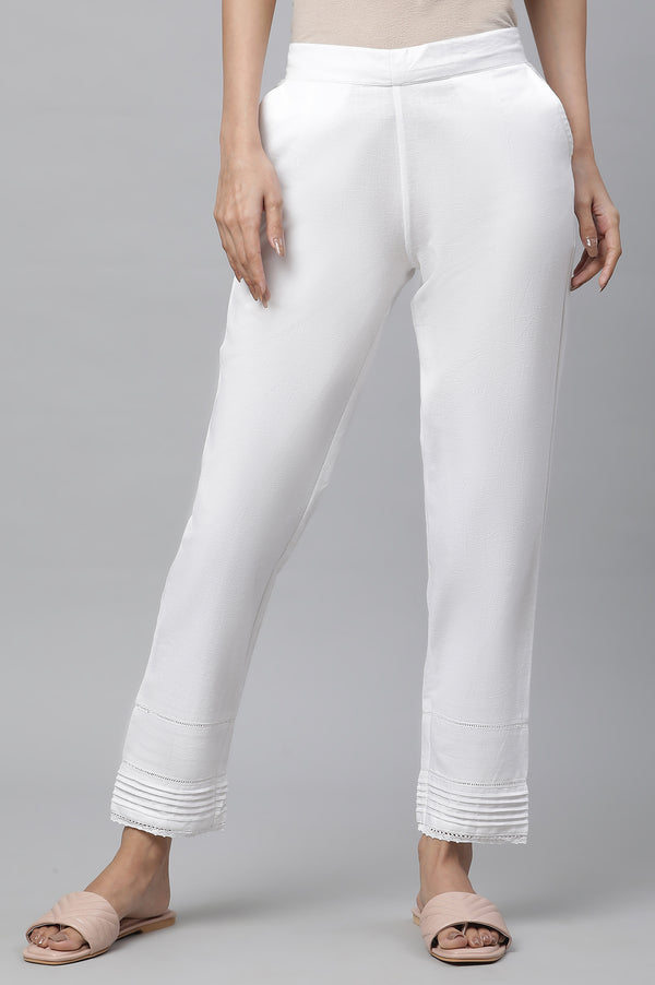 White Solid Straight Fit Cotton Trousers With Lace Inserts