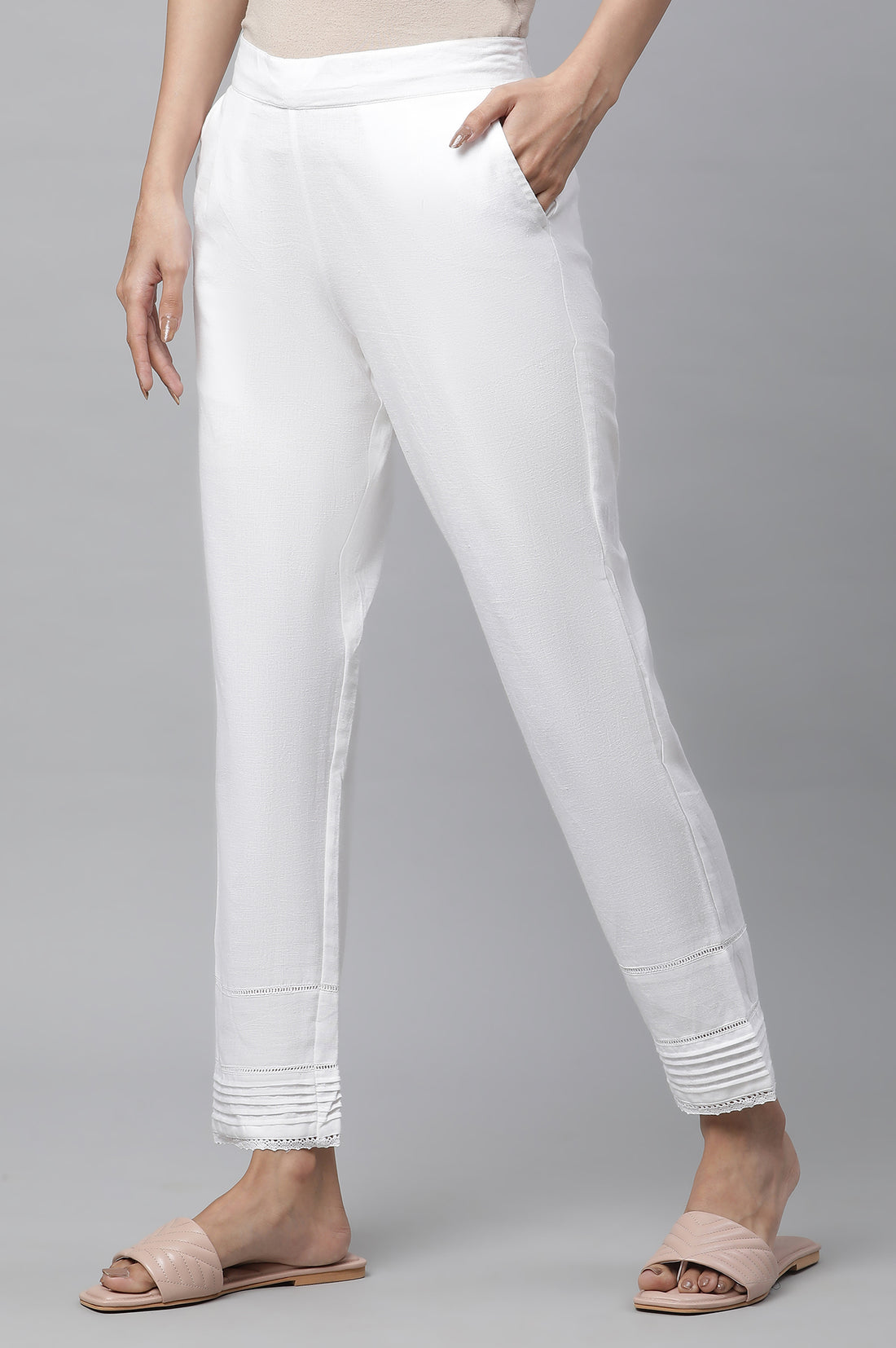 White Solid Straight Fit Cotton Trousers With Lace Inserts