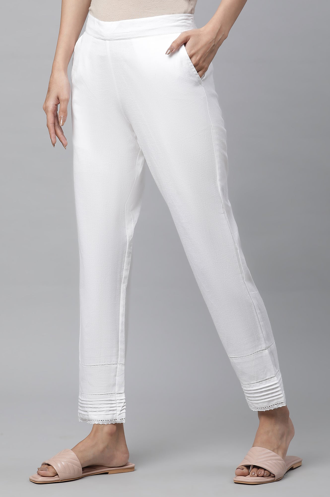 White Lace Inserted Pintuck Trousers