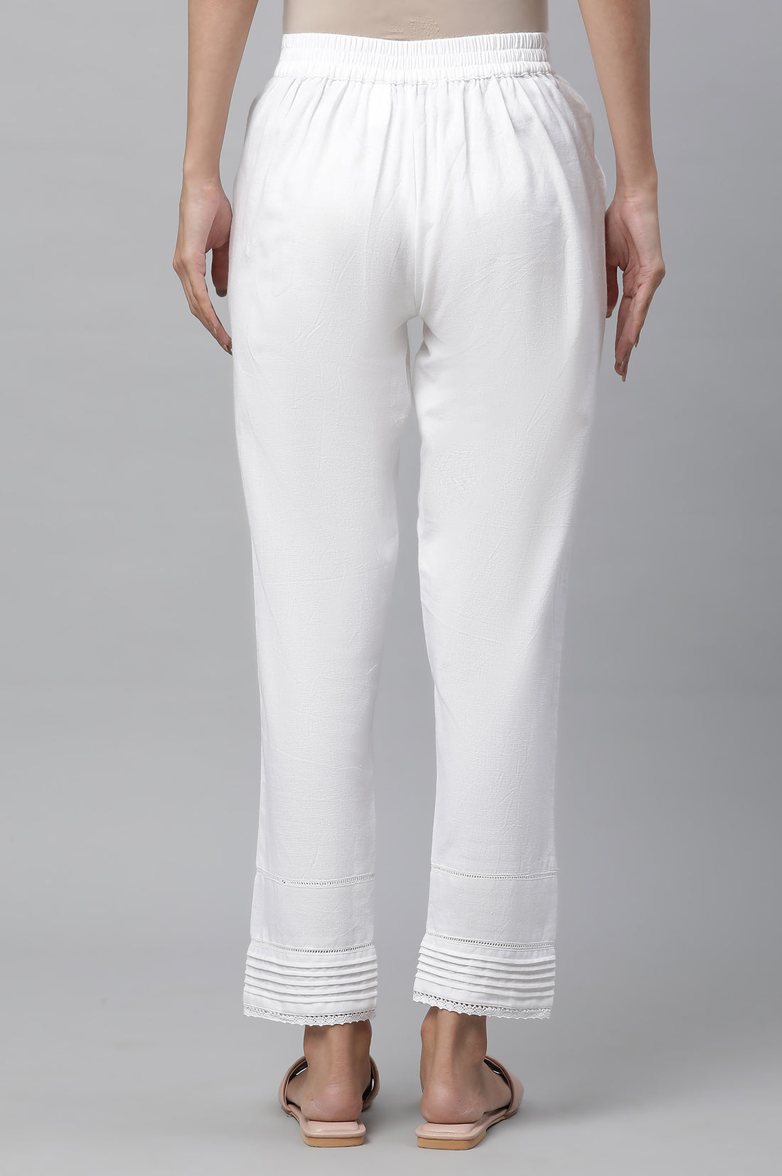 White Solid Straight Fit Cotton Trousers With Lace Inserts