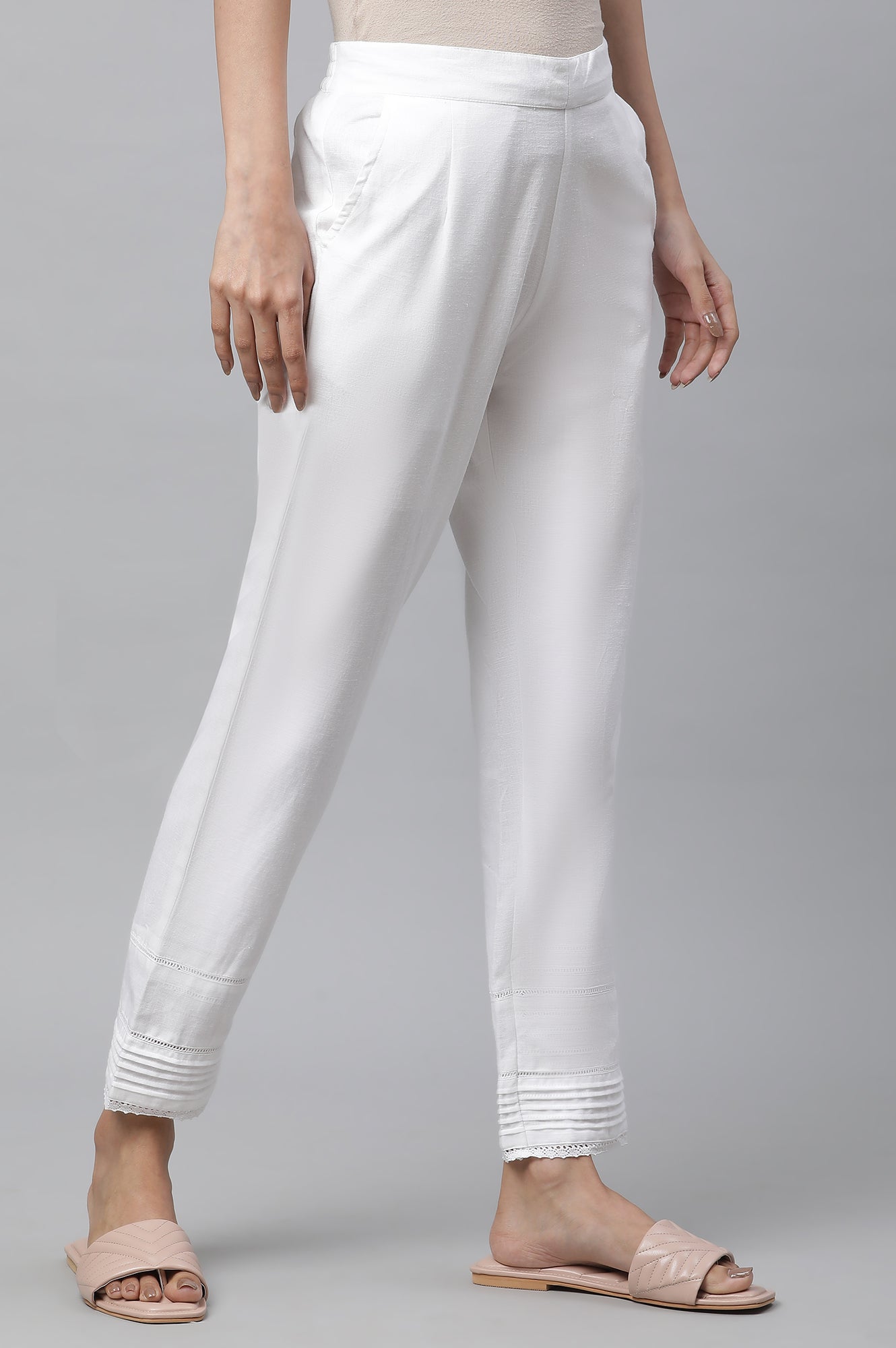 White Lace Inserted Pintuck Trousers