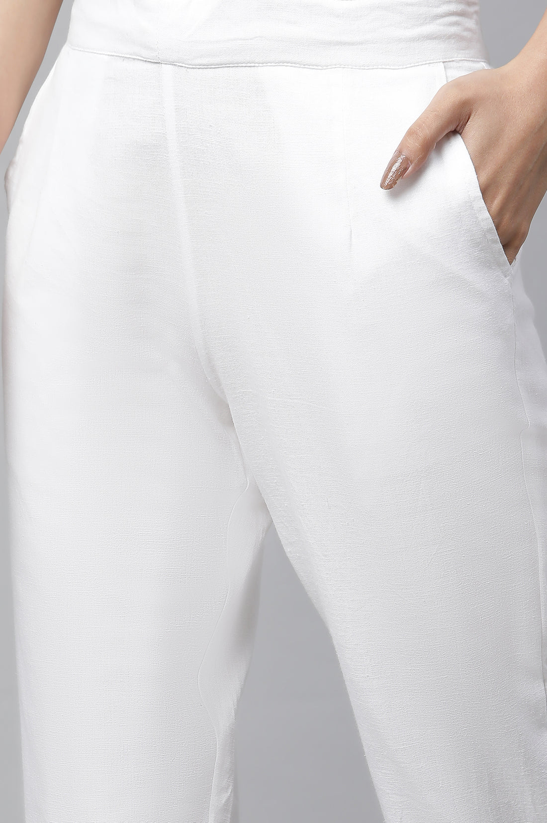 White Solid Straight Fit Cotton Trousers With Lace Inserts