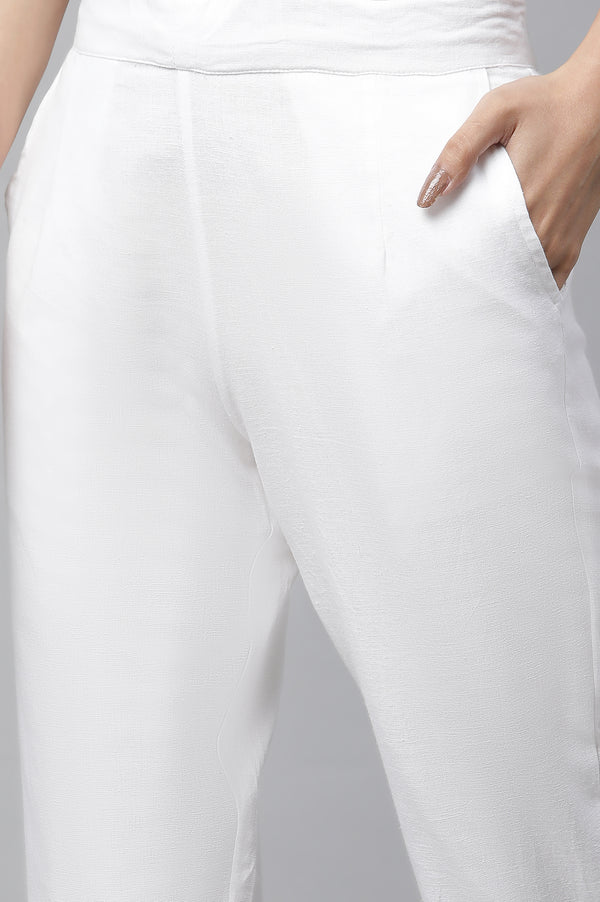 White Solid Straight Fit Cotton Trousers With Lace Inserts