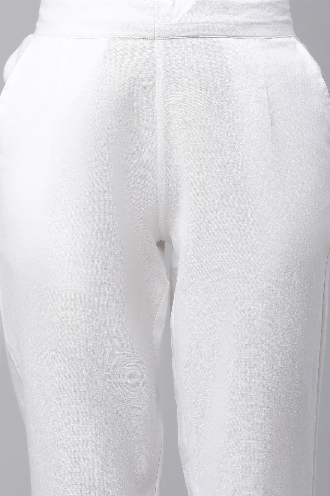 White Solid Straight Fit Cotton Trousers With Lace Inserts