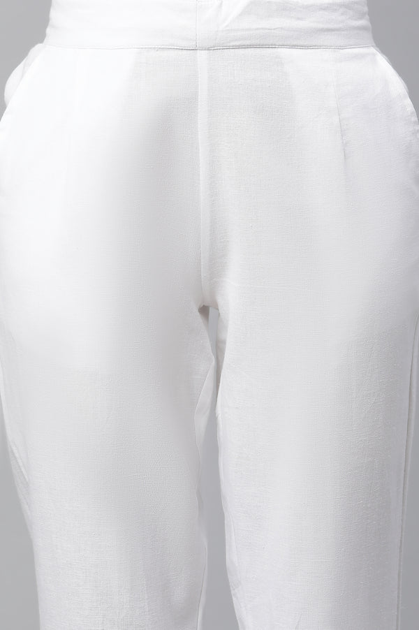 White Solid Straight Fit Cotton Trousers With Lace Inserts