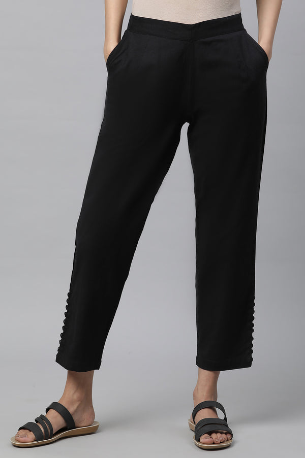 Black Solid Straight Fit Cotton Pants With Button Detail