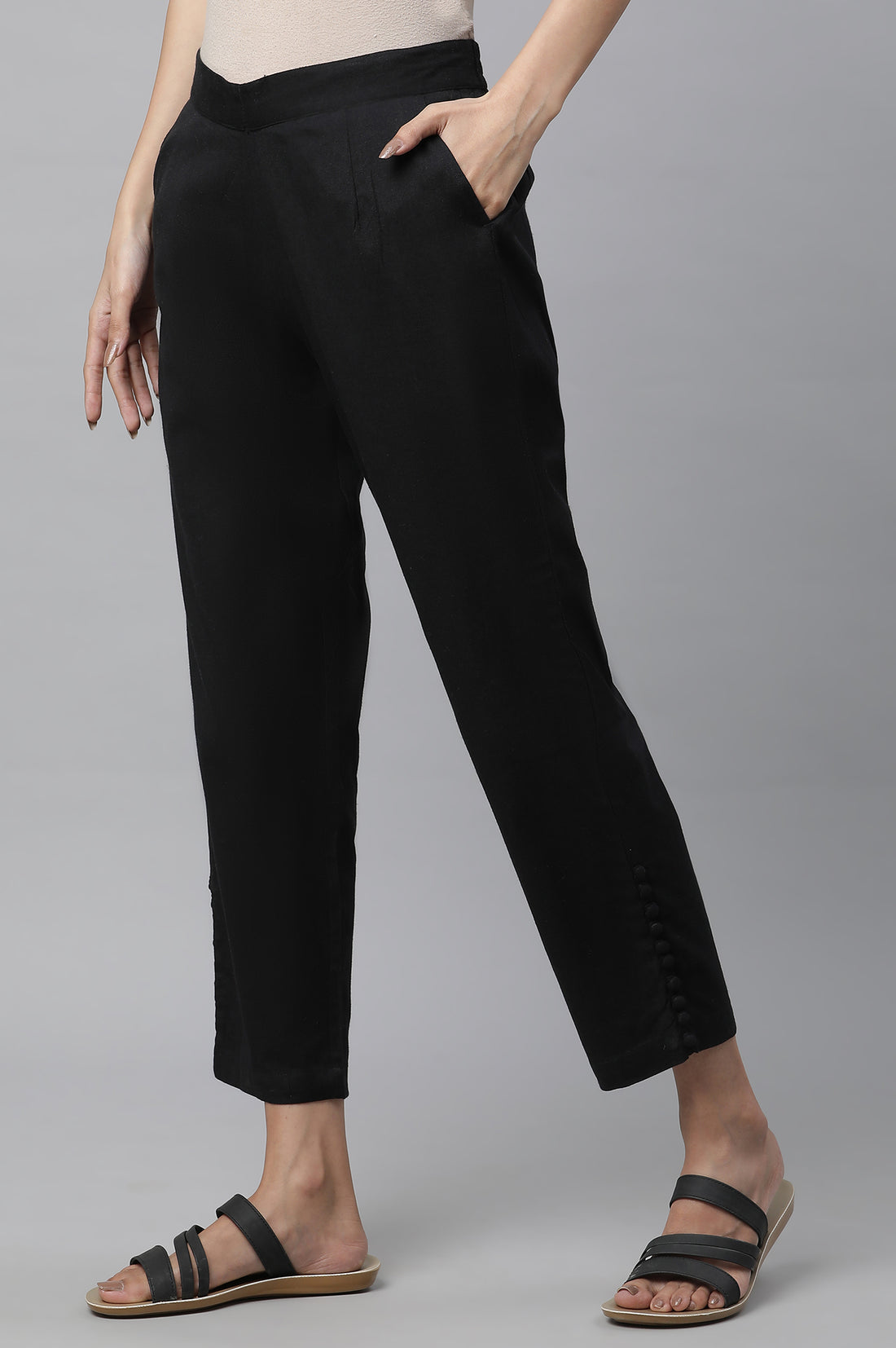 Black Solid Straight Fit Cotton Pants With Button Detail