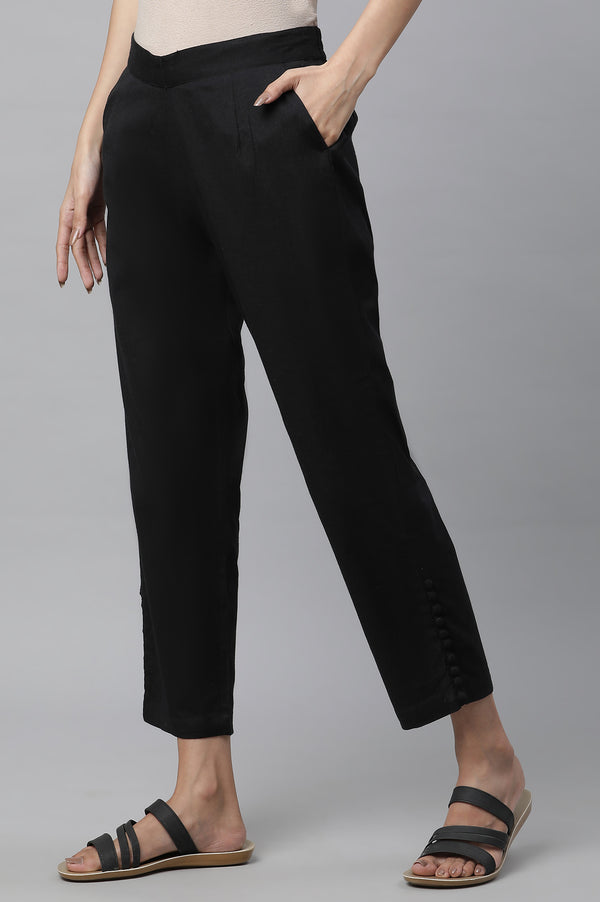 Black Solid Straight Fit Cotton Pants With Button Detail