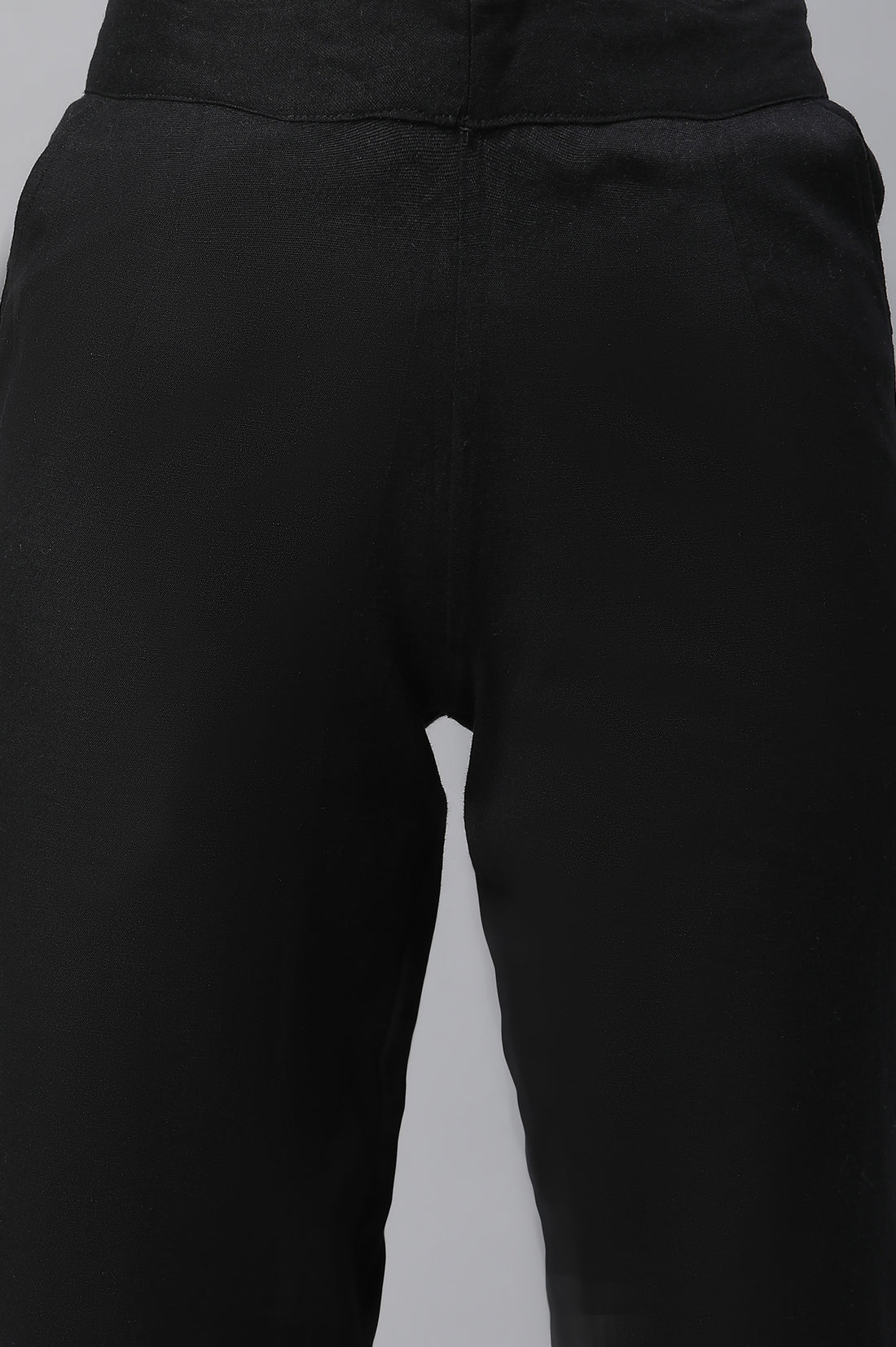 Black Solid Straight Fit Cotton Pants With Button Detail