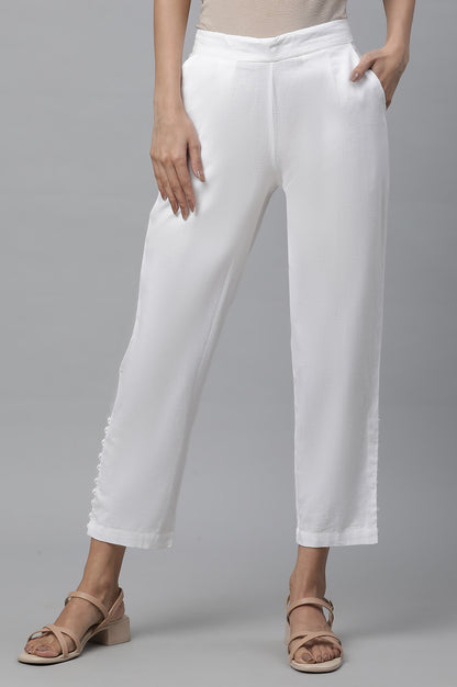 White Narrow Trousers with Buttons on Hemline