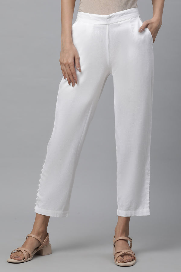 White Solid Straight Fit Cotton Trousers With Button Detail