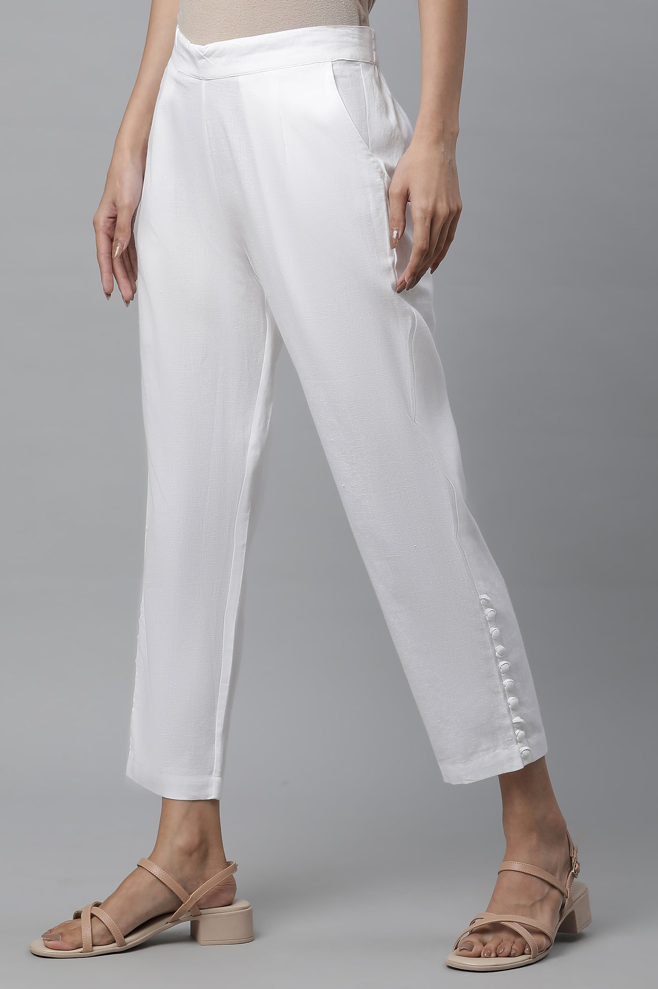 White Narrow Trousers with Buttons on Hemline