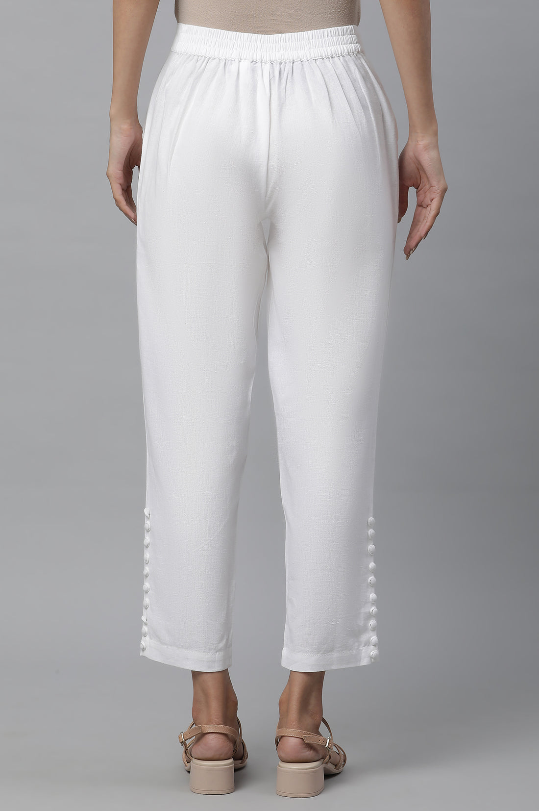 White Solid Straight Fit Cotton Trousers With Button Detail