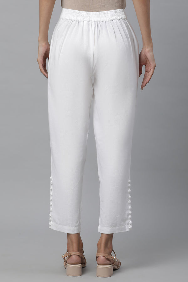 White Solid Straight Fit Cotton Trousers With Button Detail