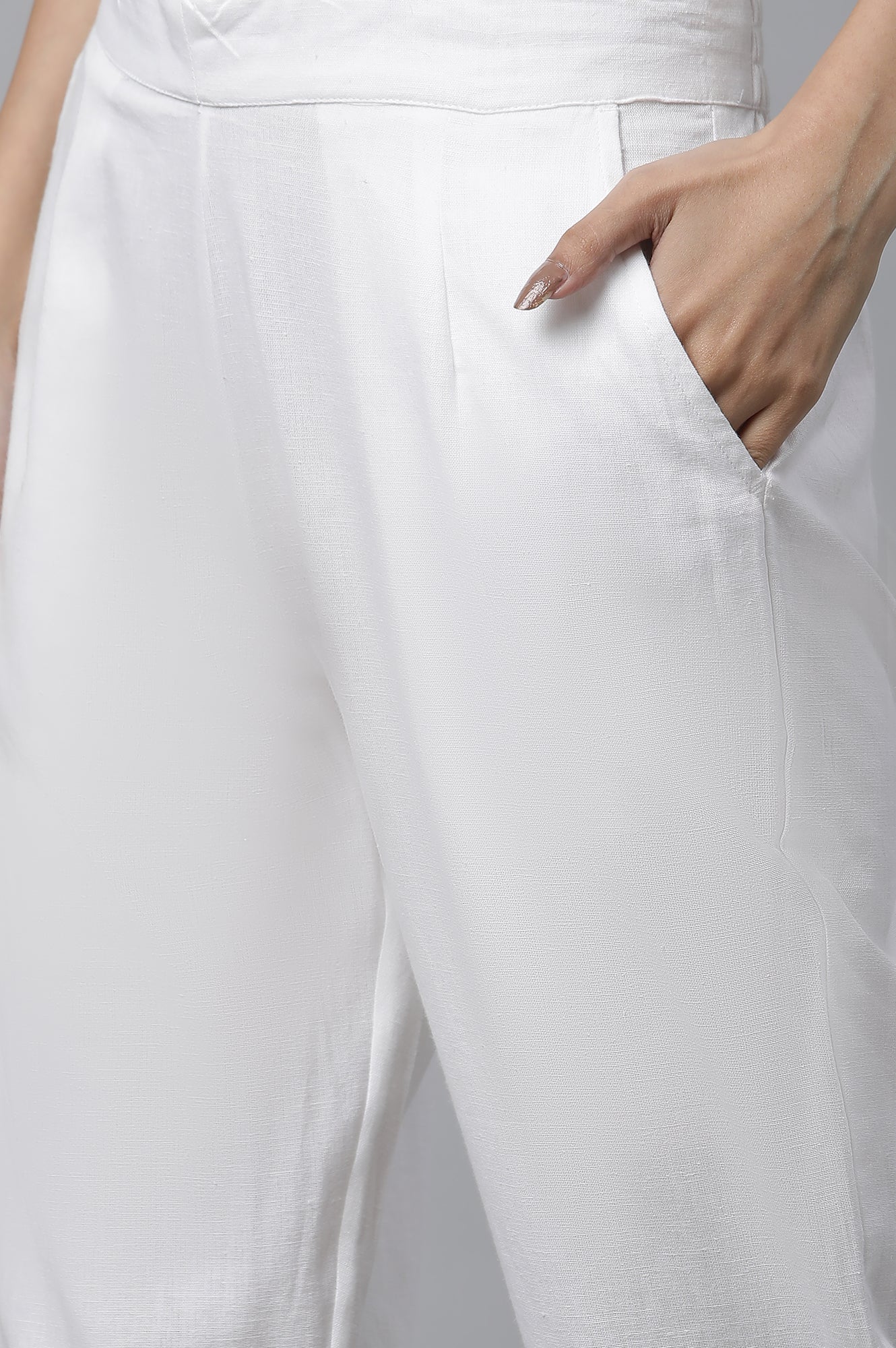 White Narrow Trousers with Buttons on Hemline