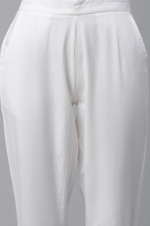 White Solid Straight Fit Cotton Trousers With Button Detail