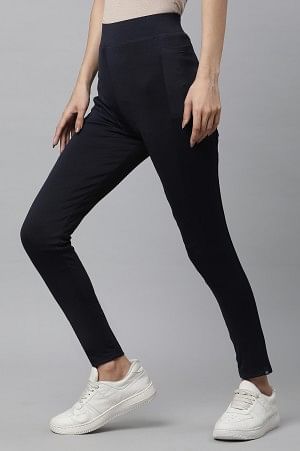Navy Blue Solid Skinny Fit Tights With Elasticated Waist