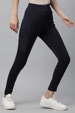 Navy Blue Solid Skinny Fit Tights With Elasticated Waist