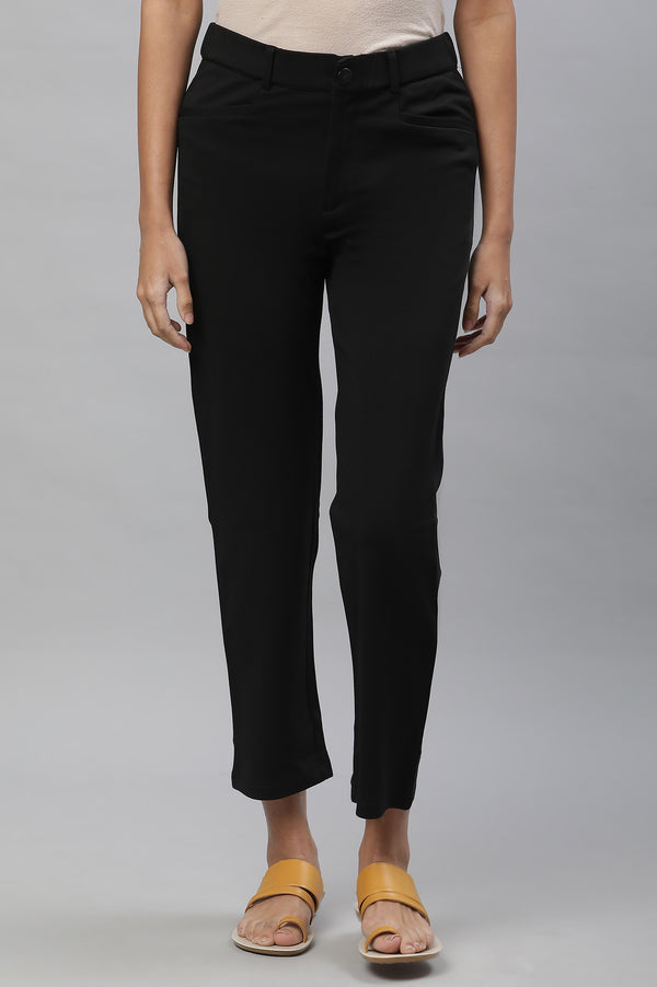 Elleven Women's Black Solid Slim Fit Trousers With Elasticated Waist