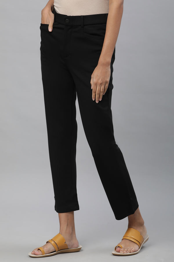 Elleven Women's Black Solid Slim Fit Trousers With Elasticated Waist