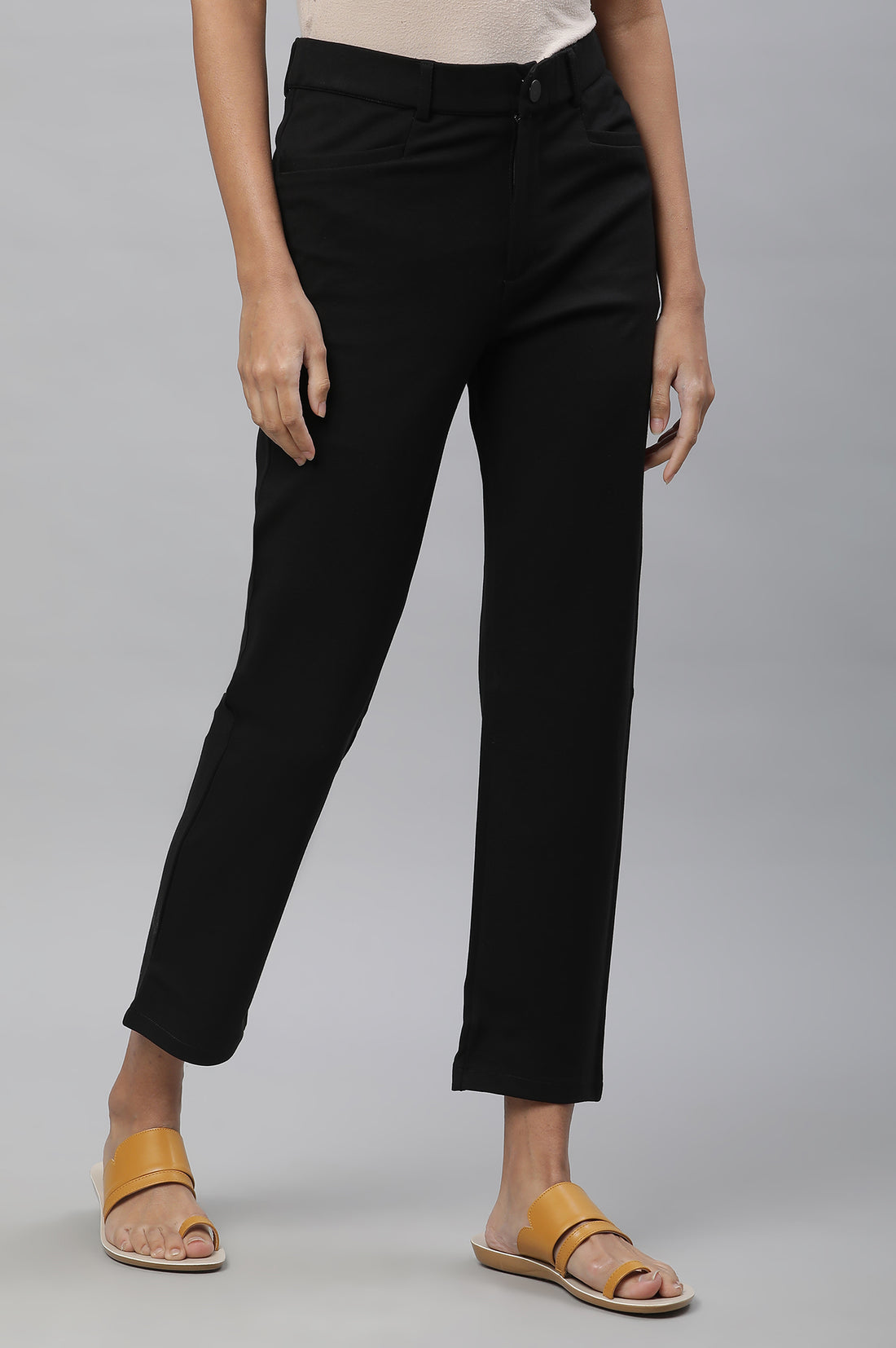 Black Solid Slim Fit Trousers With Elasticated Waist