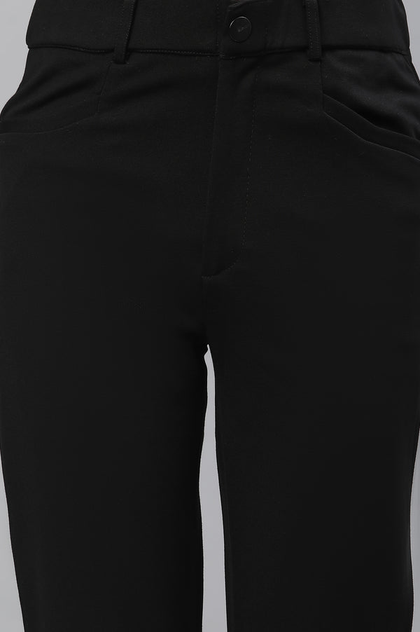 Elleven Women's Black Solid Slim Fit Trousers With Elasticated Waist