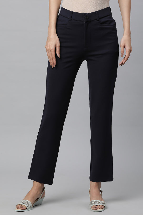 Elleven Women's Navy Blue Solid Slim Fit Trousers With Elasticated Waist