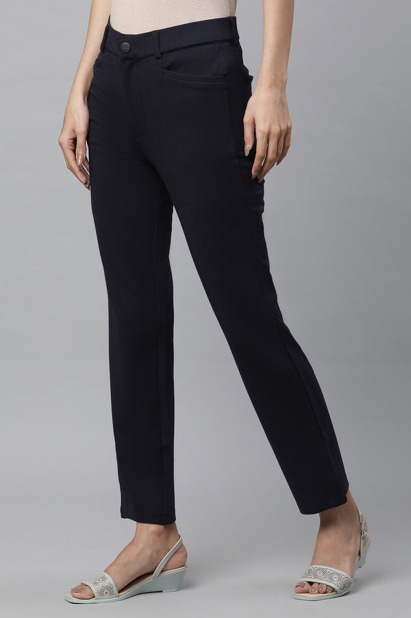 Elleven Women's Navy Blue Solid Slim Fit Trousers With Elasticated Waist