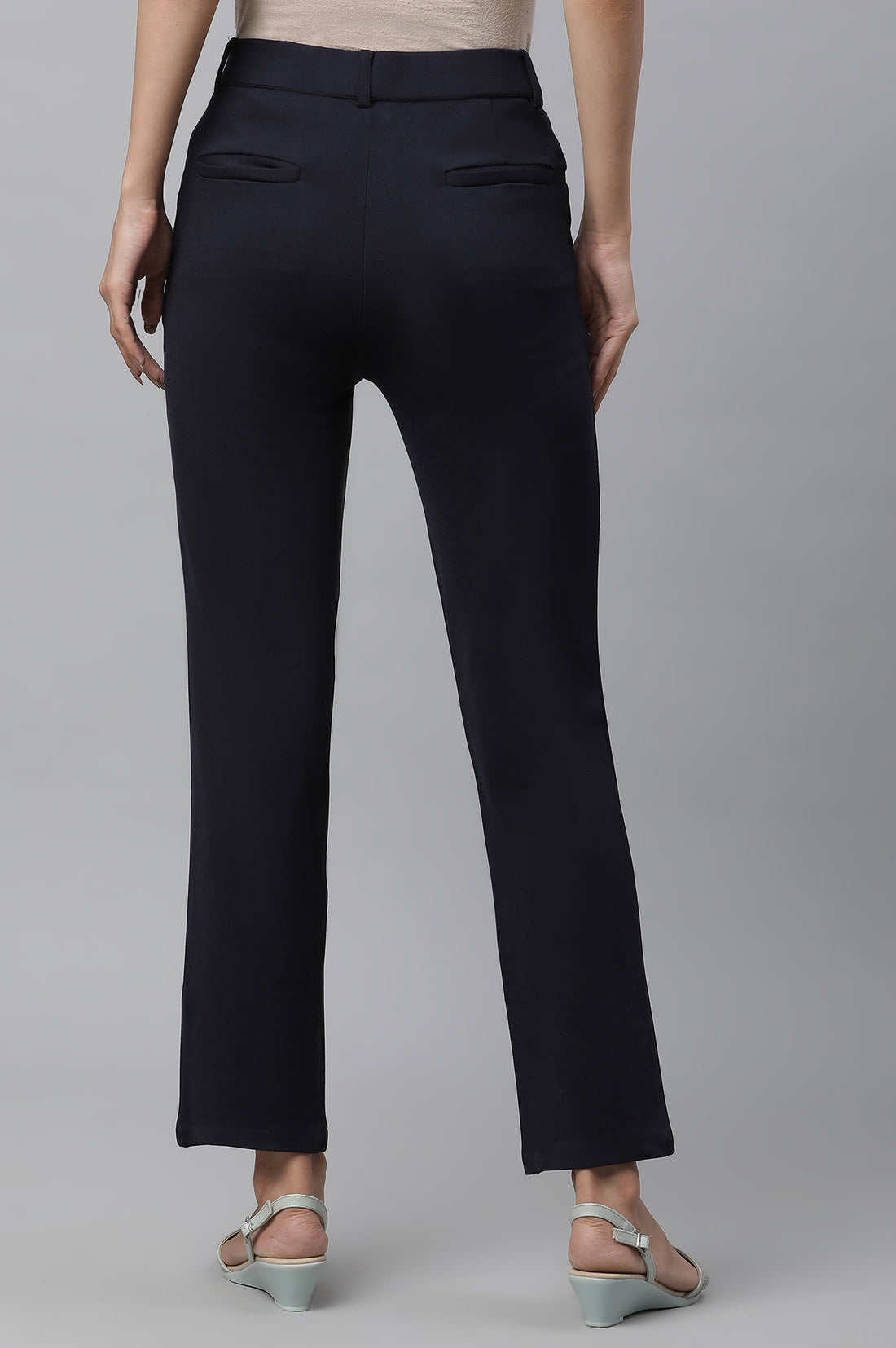 Navy Blue Solid Slim Fit Trousers With Elasticated Waist