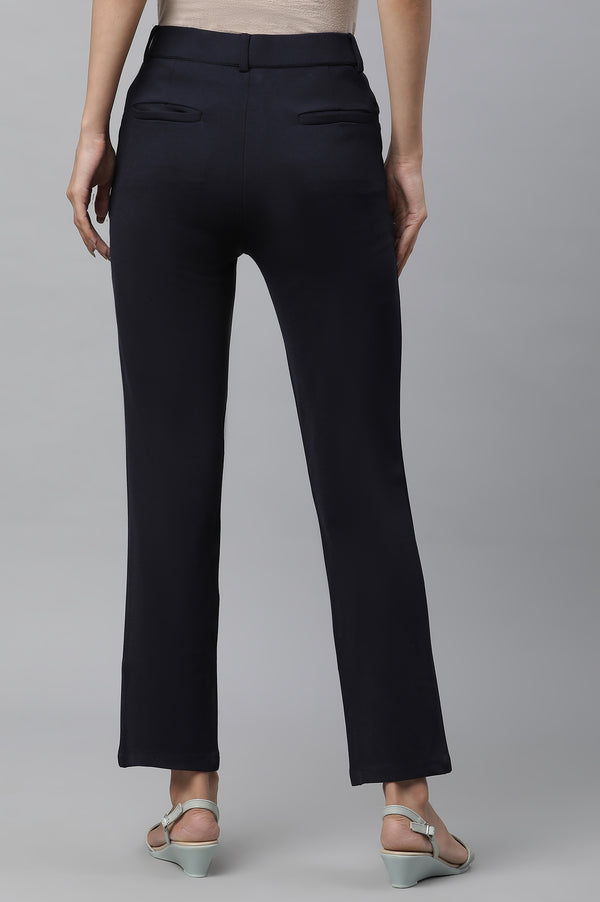 Elleven Women's Navy Blue Solid Slim Fit Trousers With Elasticated Waist