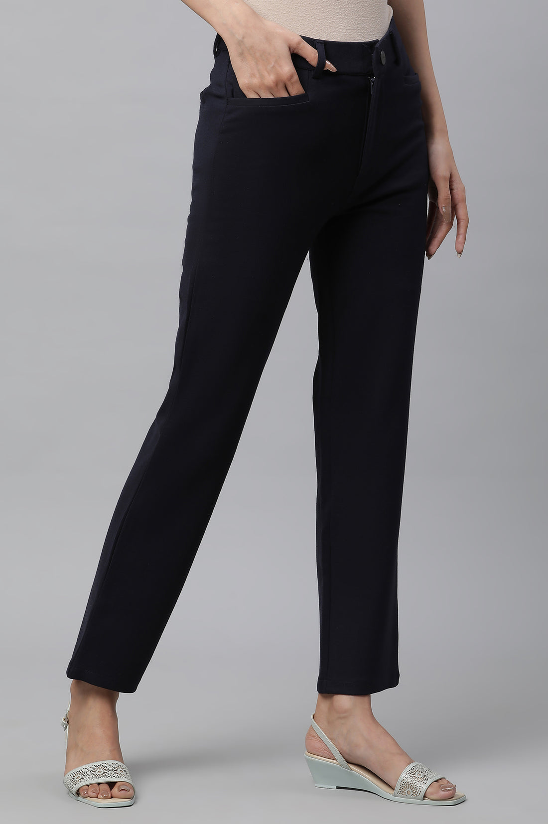 Navy Blue Solid Slim Fit Trousers With Elasticated Waist