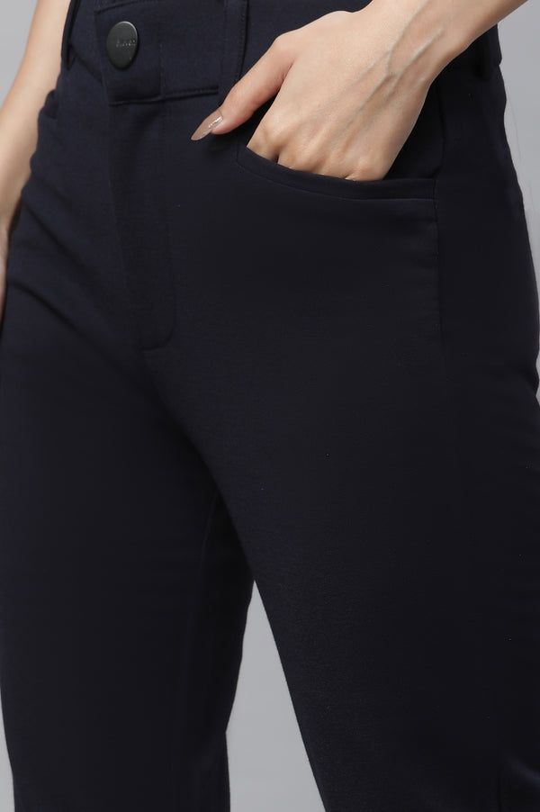 Elleven Women's Navy Blue Solid Slim Fit Trousers With Elasticated Waist