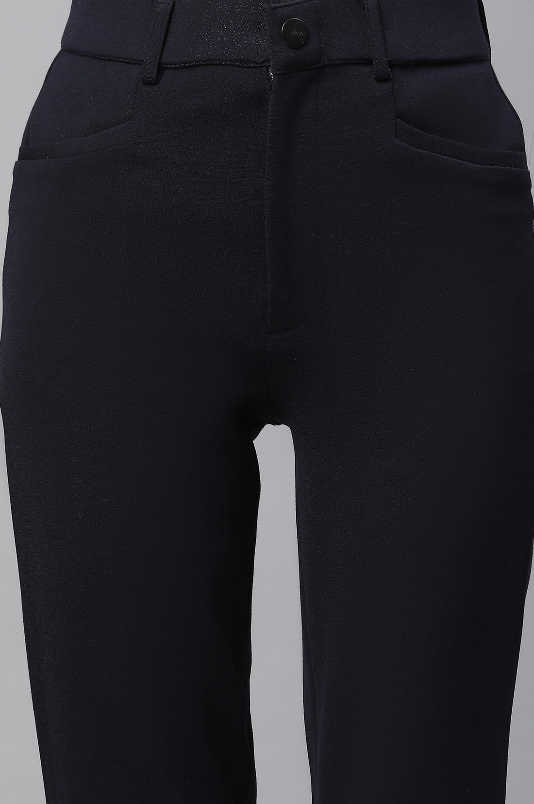 Navy Blue Solid Slim Fit Trousers With Elasticated Waist