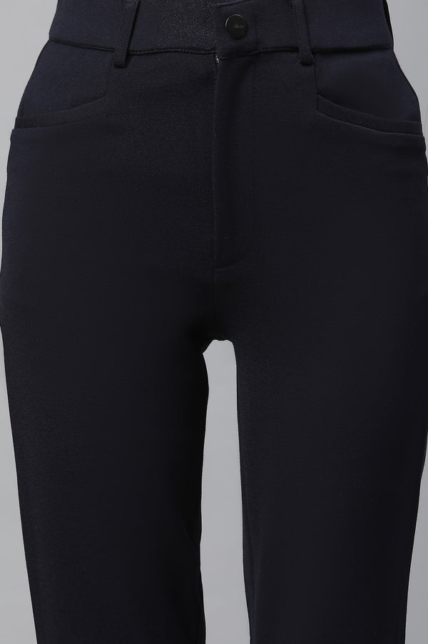 Elleven Women's Navy Blue Solid Slim Fit Trousers With Elasticated Waist