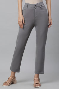 Grey Solid Slim Fit Pants With Front Zip