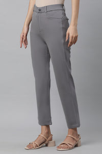 Grey Solid Slim Fit Pants With Front Zip